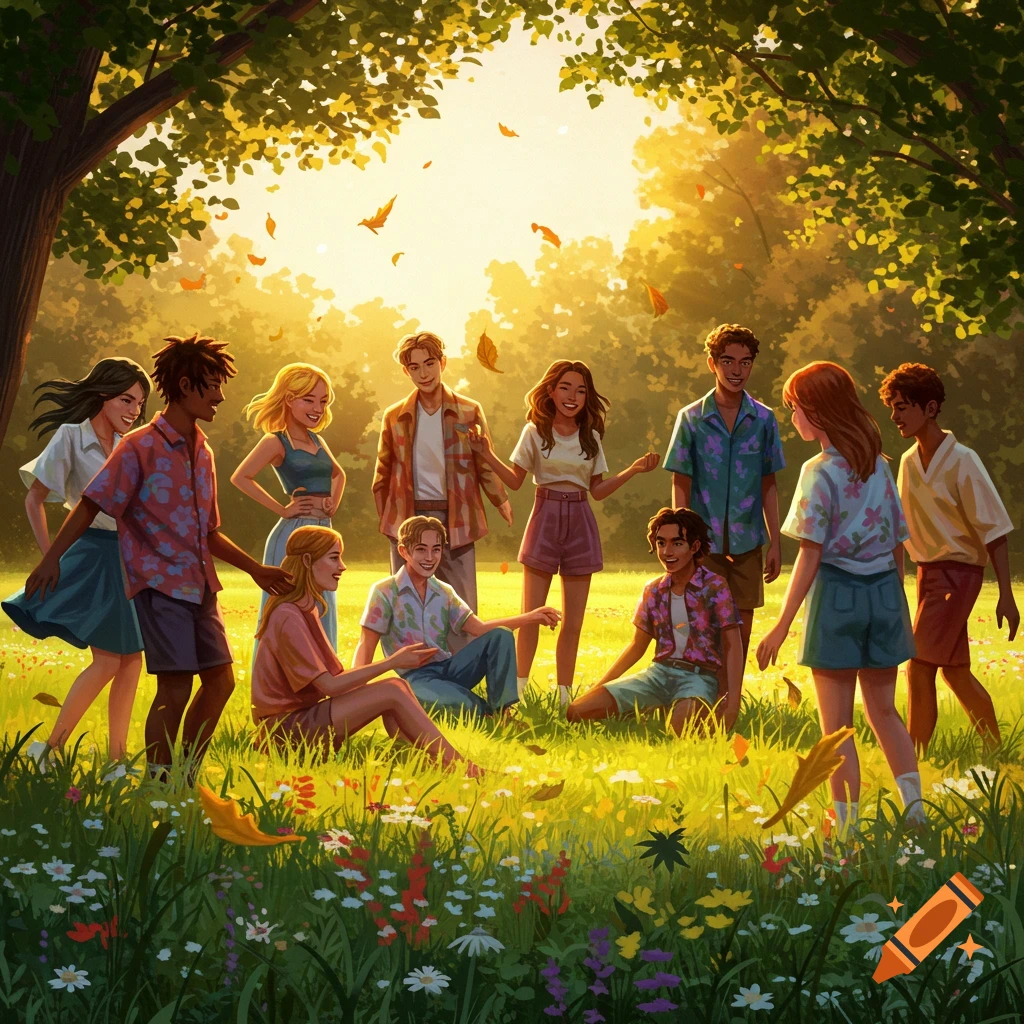 A group of diverse young people stand and sit in a sunny, flower-filled ...