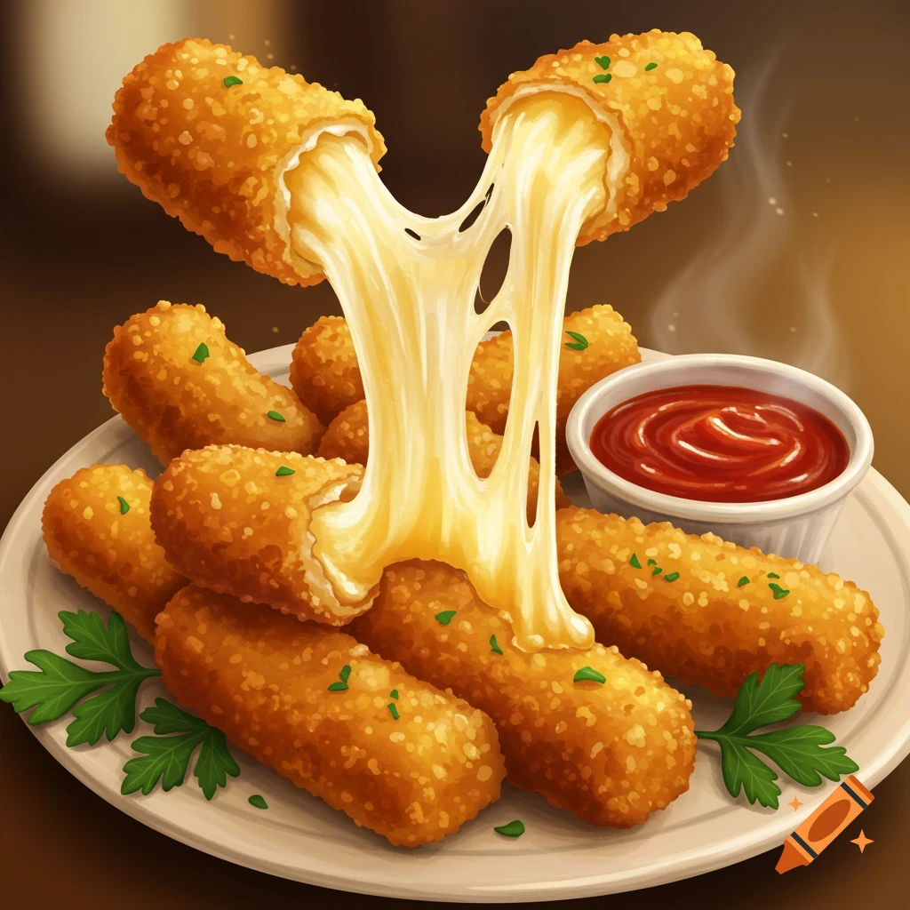 A plate of golden brown cheese sticks with melted cheese stretching between two of them, served with a side of red dipping sauce, with parsley garnishes.