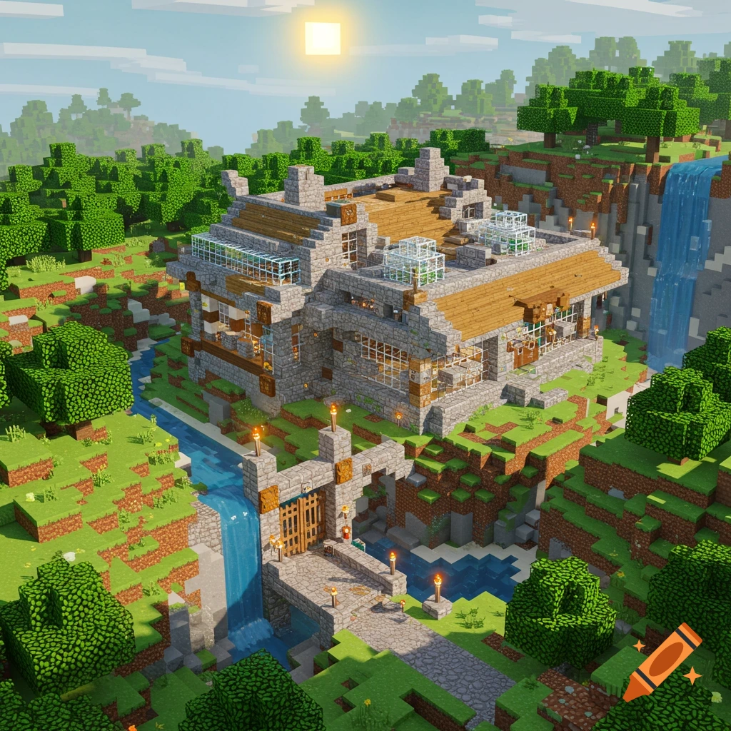 A detailed Minecraft base built into a vibrant green landscape with a waterfall, river, and stone gate.