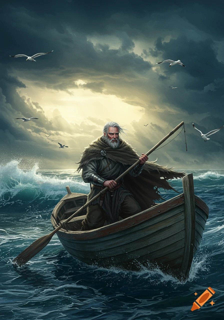 An old, bearded man in a cloak rows a small boat through a stormy sea under dramatic, cloudy skies.
