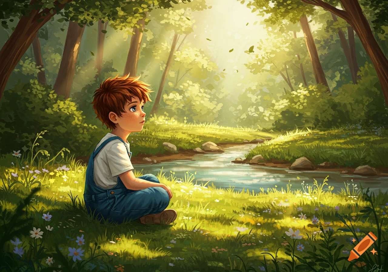 An illustrated red-haired boy in blue overalls sits thoughtfully by a sunlit forest stream.