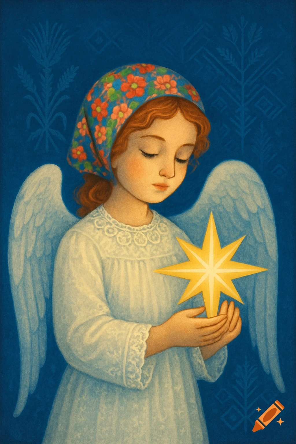 A young angel girl with red hair and a floral headscarf holds a glowing golden star, in Ukrainian folk art style against a blue patterned background.