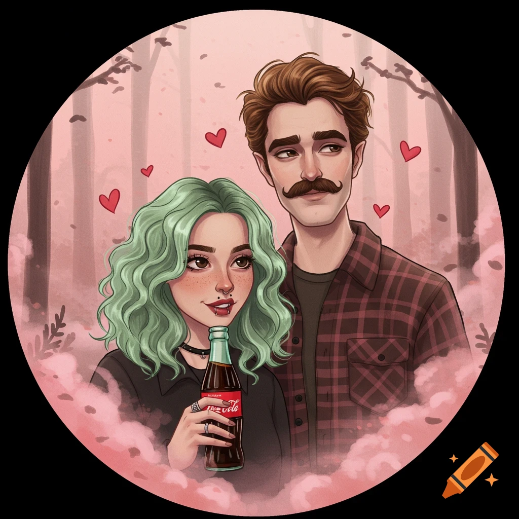 Digital illustration of a couple in a misty, pink-toned forest with floating hearts. The woman has green curly hair, a lip piercing, and holds a soda bottle; the man has a mustache and a plaid shirt.