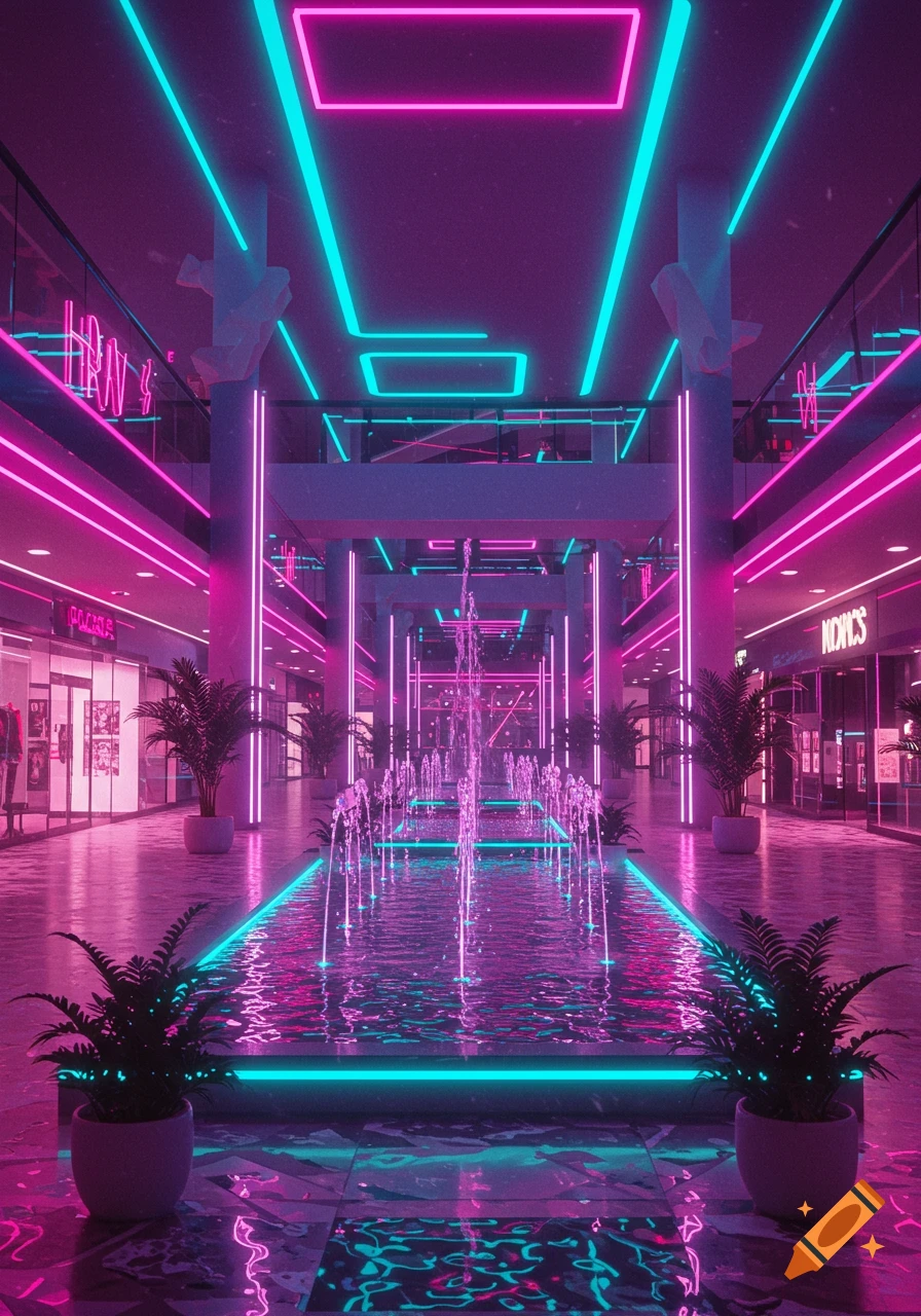 Vaporwave-style 80s mall interior with glowing pink and blue neon lights, a long water fountain, and potted plants.