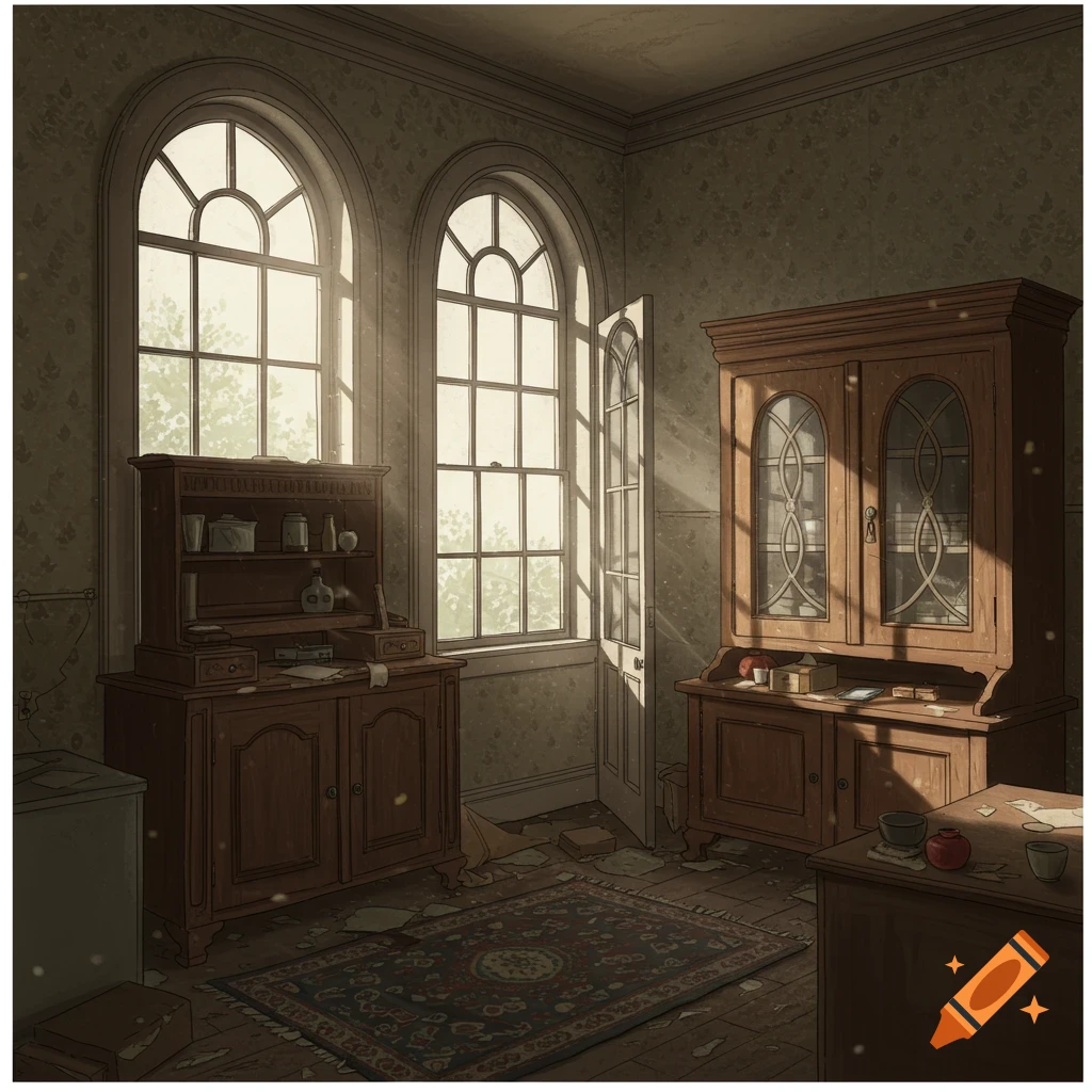 An old, sunlit room with arched windows, wooden furniture, and a patterned rug, in an illustrative style.