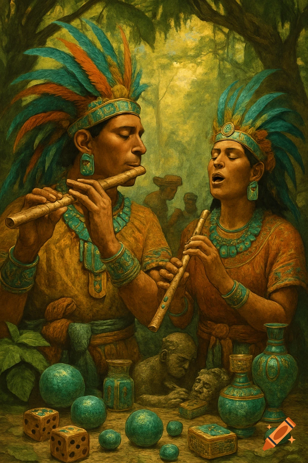 Painting of two indigenous people in ornate feathered headdresses and jewelry playing flutes in a lush forest, surrounded by ancient artifacts.