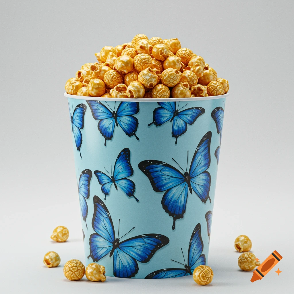 A light blue bucket with blue butterfly designs overflowing with golden caramel popcorn, with some pieces scattered on a white surface.