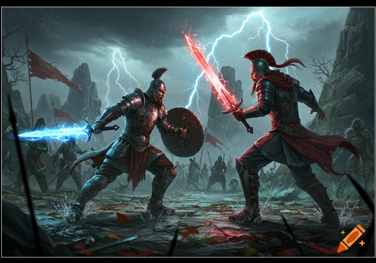 Two armored warriors with glowing swords battle on a stormy, lightning-lit field with other fighters in the background, in a dark fantasy art style.