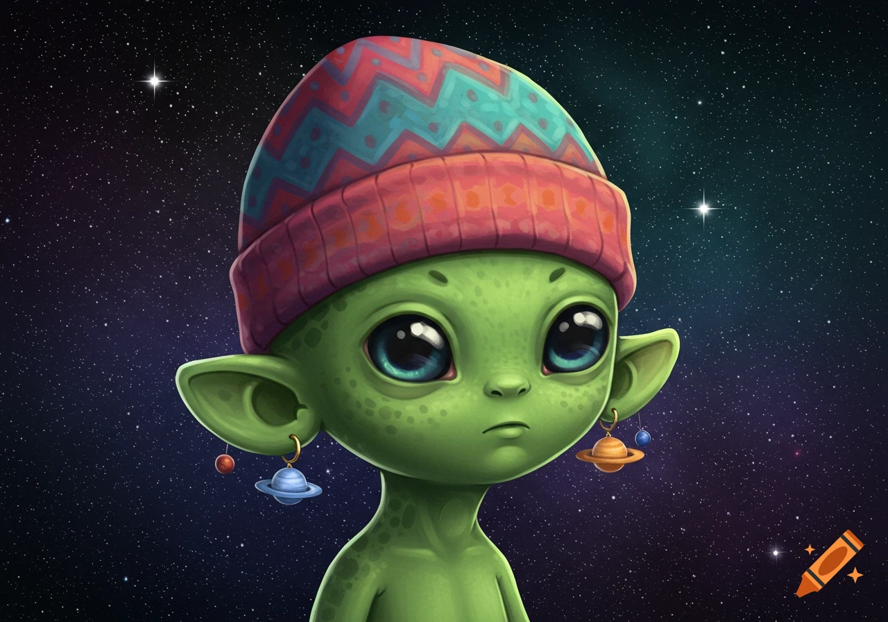 A cute green alien with large blue eyes wears a red and blue beanie and planet earrings, set against a starry night sky.