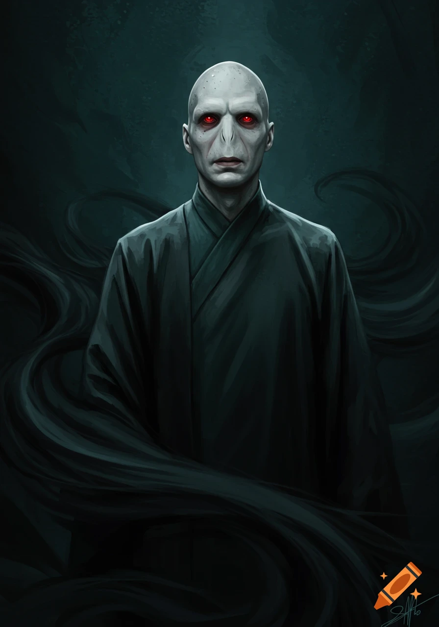 A close-up digital art portrait of Voldemort with pale skin, a flat nasal bridge with slits, and glowing red eyes, wearing a dark flowing robe against a dark, shadowy background.