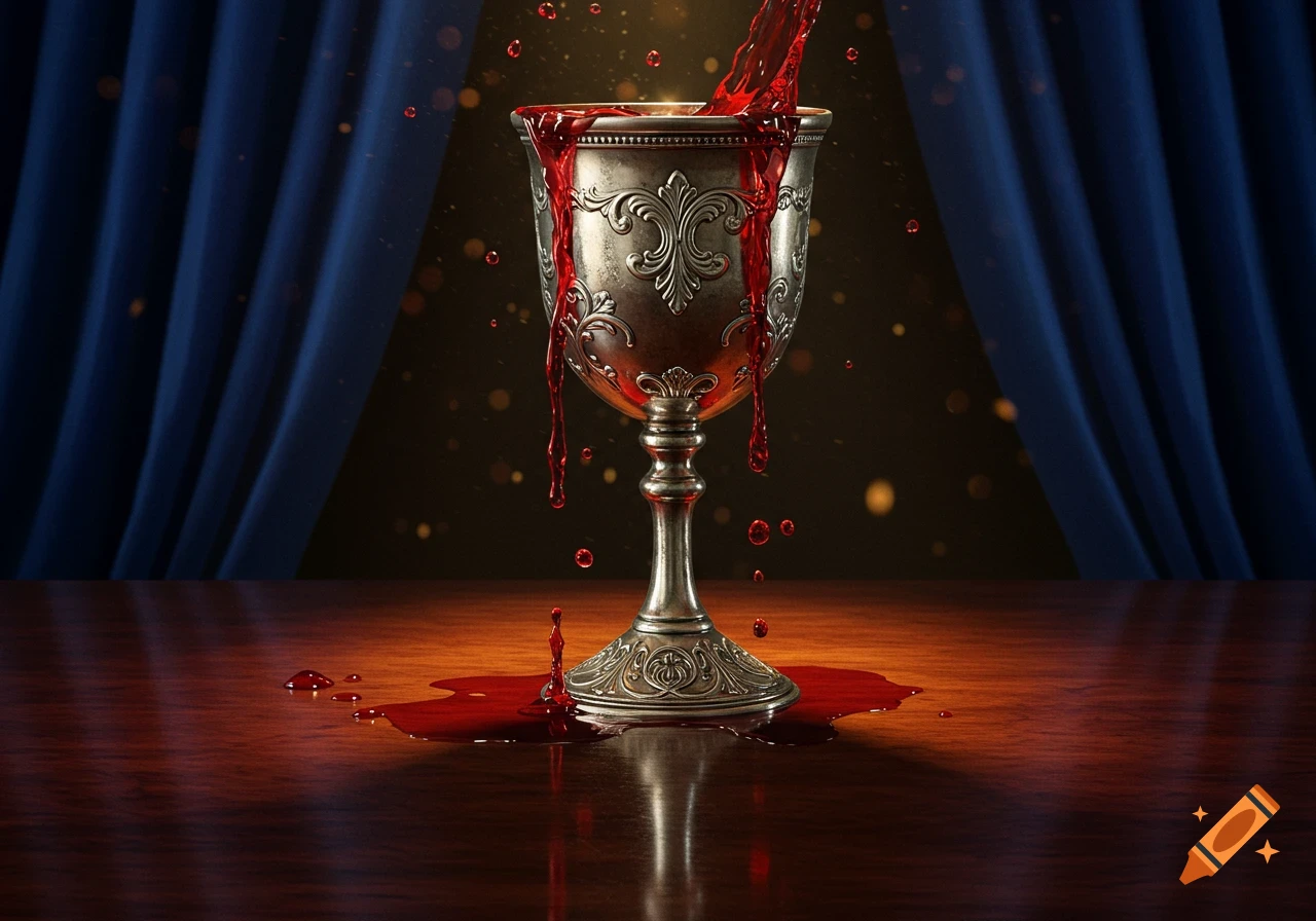 An ornate silver goblet overflows with a stream of deep red liquid, spilling onto a polished wooden table against dark blue curtains.