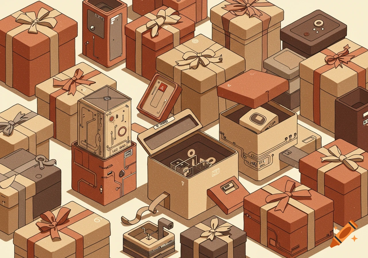 An isometric illustration of a collection of gift boxes in warm, professional colors, some open revealing abstract symbols and circuitry designs inside.