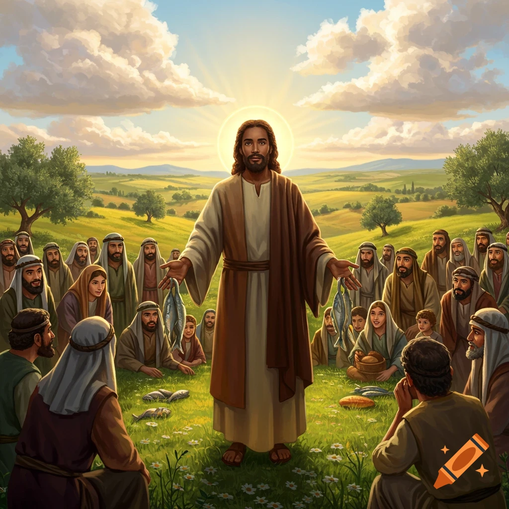 Jesus with a halo stands in a green field, holding fish and spreading his arms, surrounded by a large crowd of people.
