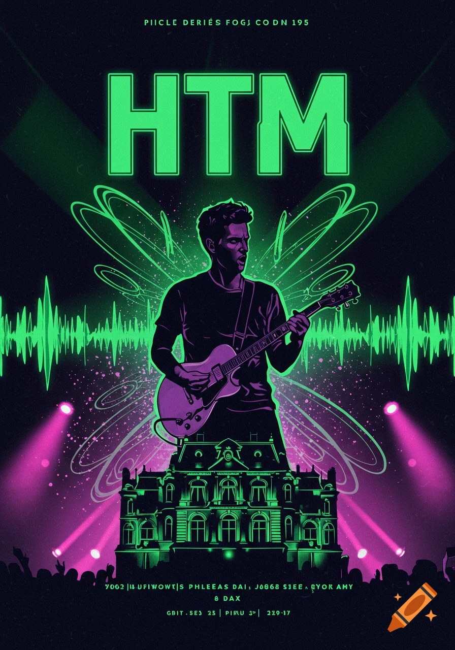 A neon-green and pink concert poster. A musician plays a purple guitar, standing above a green ornate building, surrounded by sound waves and light effects, with "HTM" text prominently at the top.
