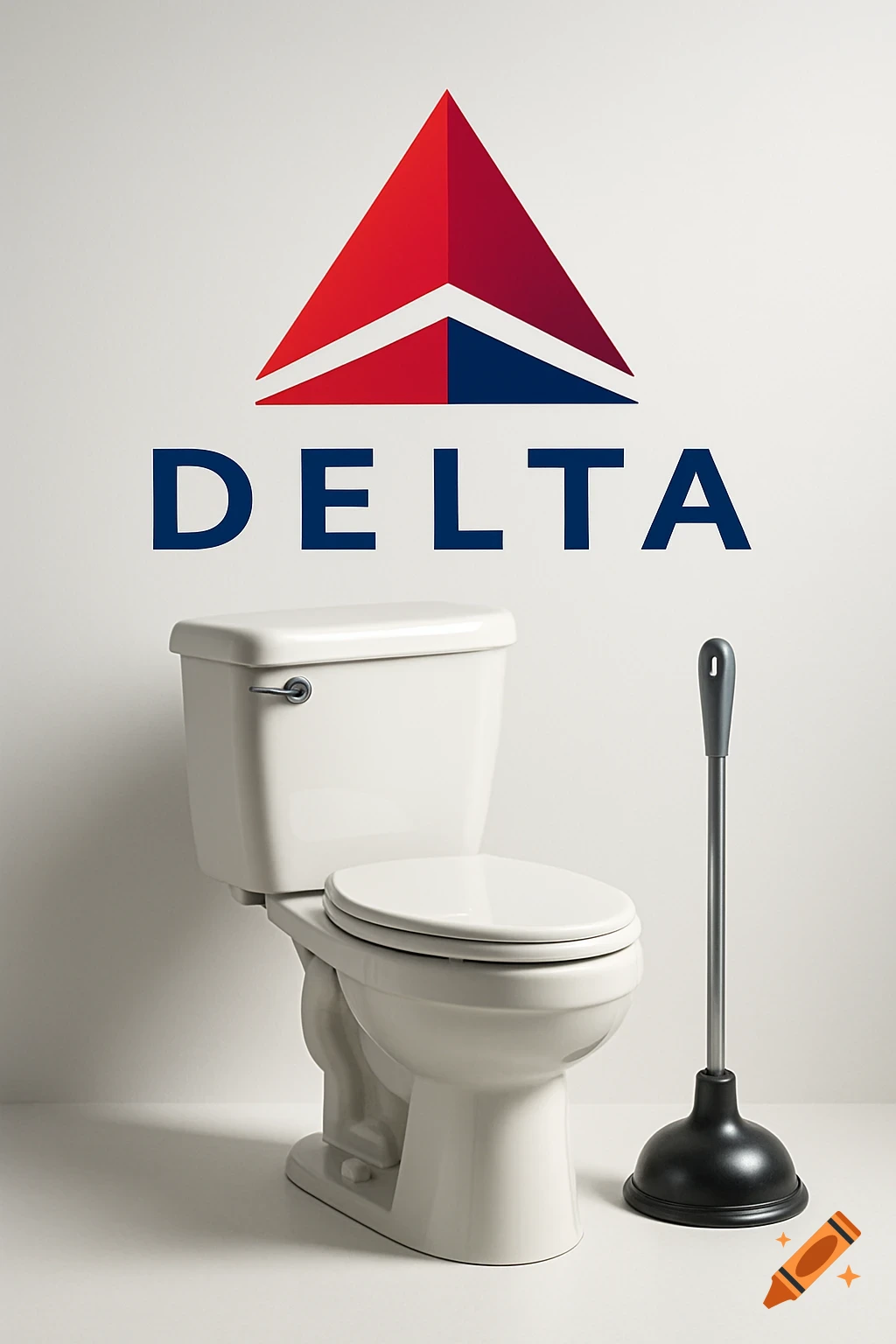 The Delta Airlines logo above a toilet and a black plunger on a white background.