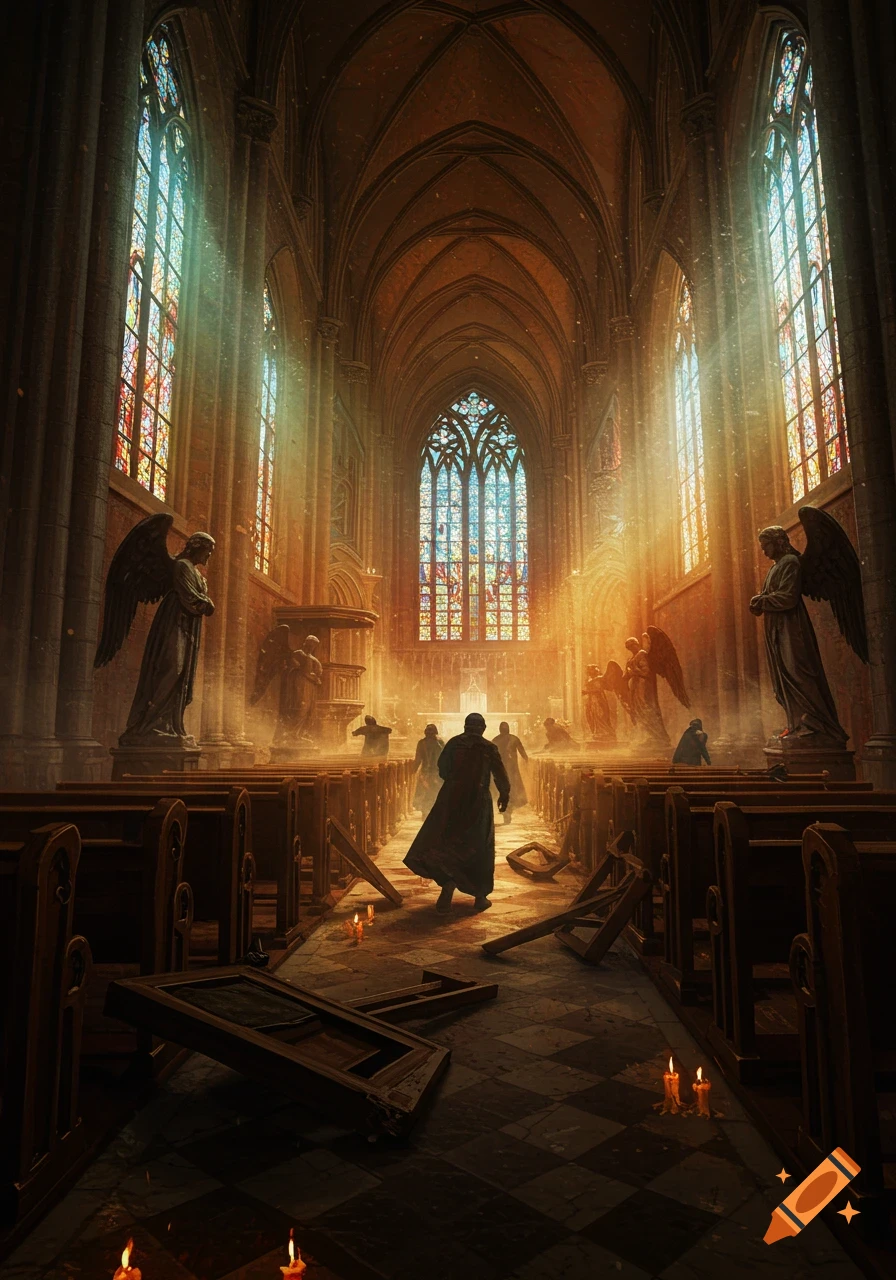 A dramatic scene inside a grand gothic church with stained glass windows and light rays. Figures in silhouette appear to be in a panic, running amidst overturned pews and angelic statues.