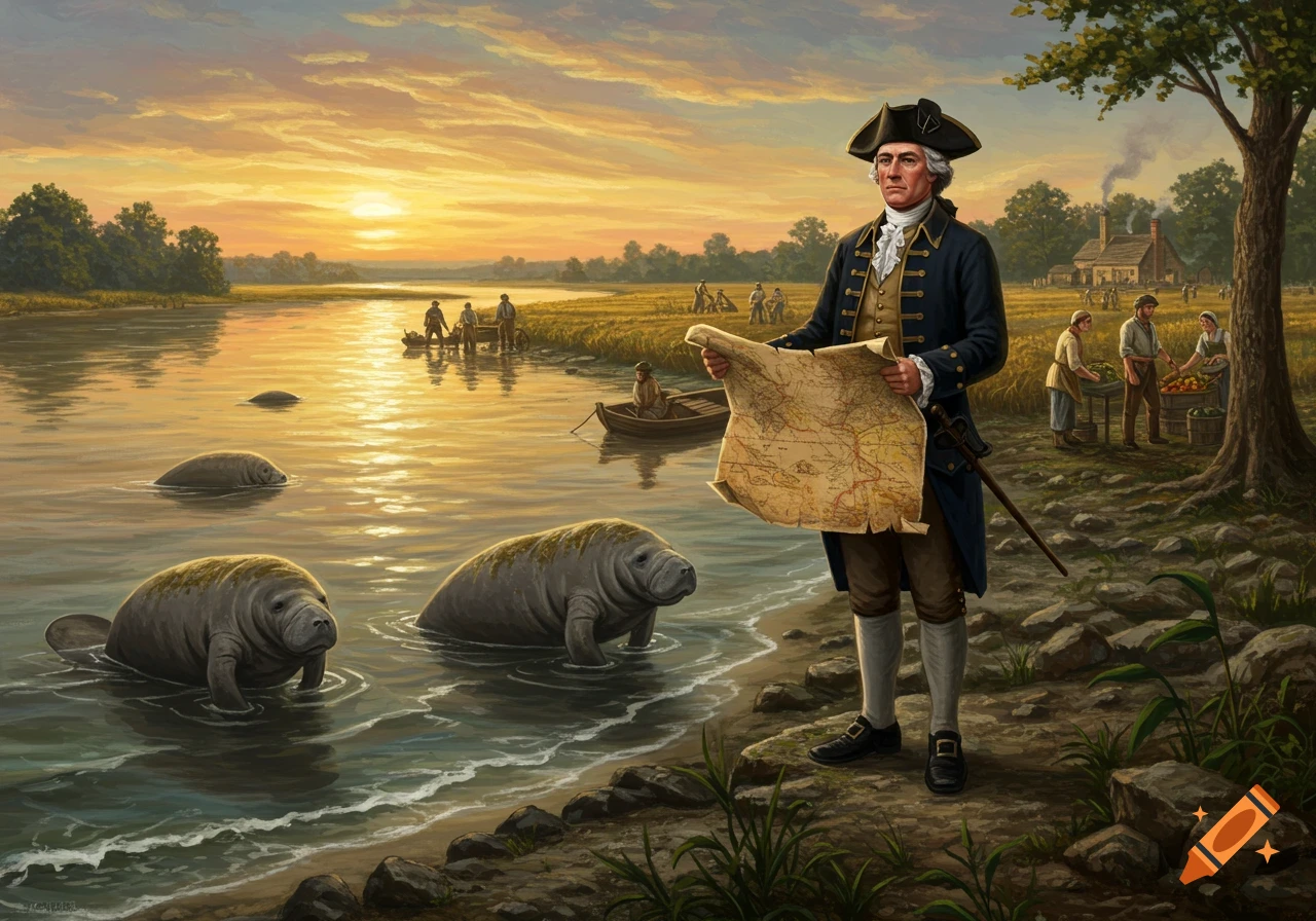 Historical painting of a founding father with a map by a river at sunset, with manatees and people.
