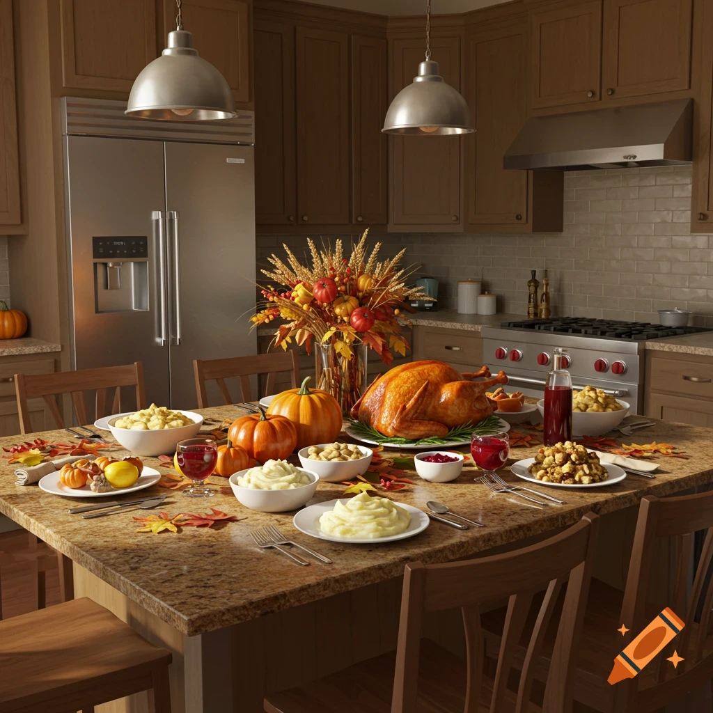 A clean, modern kitchen island featuring a roasted turkey, mashed potatoes, cranberry sauce, stuffing, and pumpkins for a Thanksgiving feast.