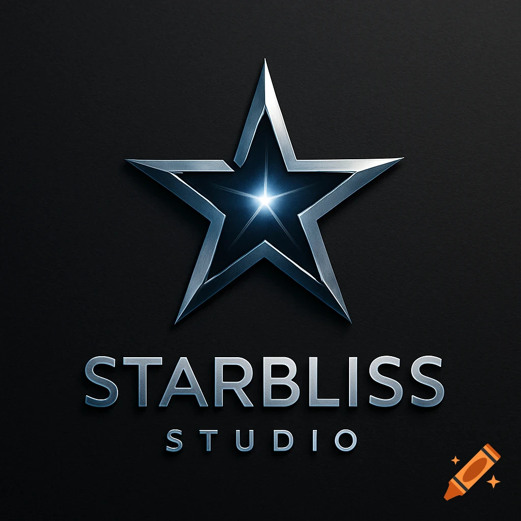 A metallic silver star logo with a bright blue glow at its center, above the words "STARBLISS STUDIO" in a matching metallic font on a dark background.