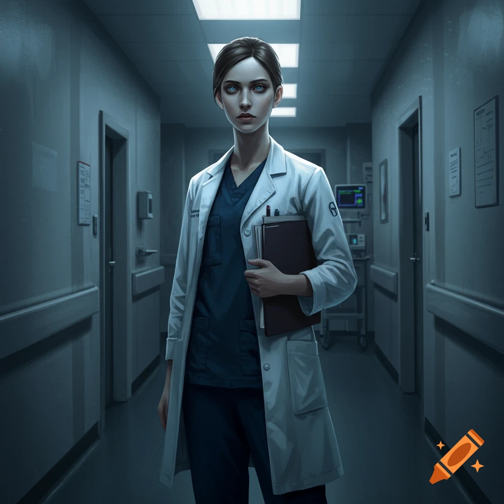 A pale female doctor in a white lab coat and blue scrubs stands holding a folder in a dimly lit hospital hallway.