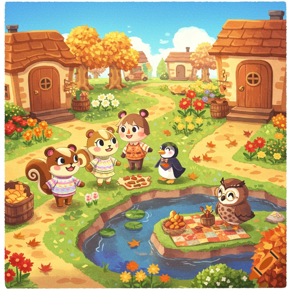 Animal Crossing characters, including squirrels, a bear, a penguin, and an owl, gather in a colorful autumn village with houses, a pond, and a picnic blanket.