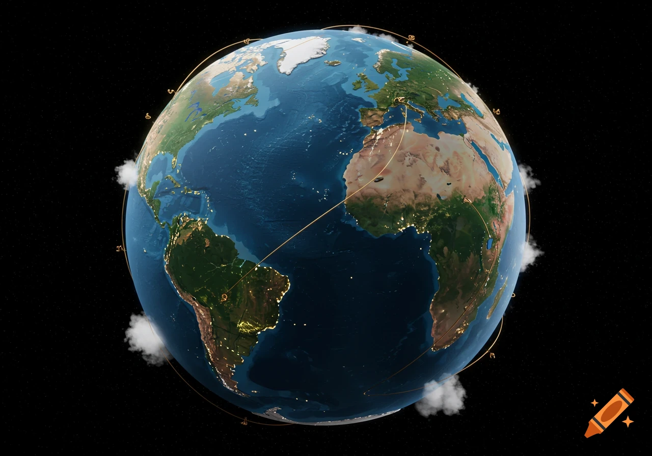 A realistic globe of Earth from space, with illuminated cities and golden lines connecting global points, set against a starry background.