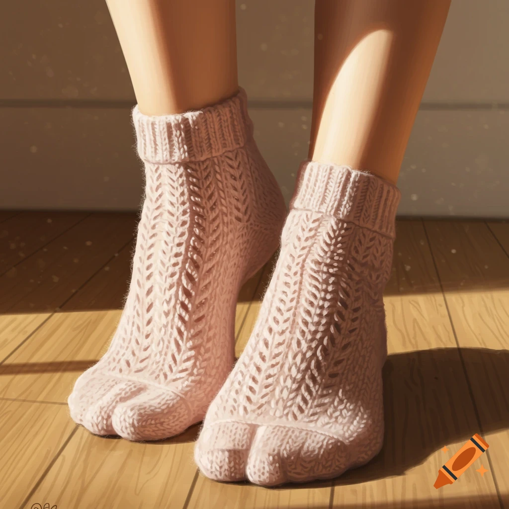A digital painting of feet in pink knitted socks on a wooden floor, with sunlight and shadows.