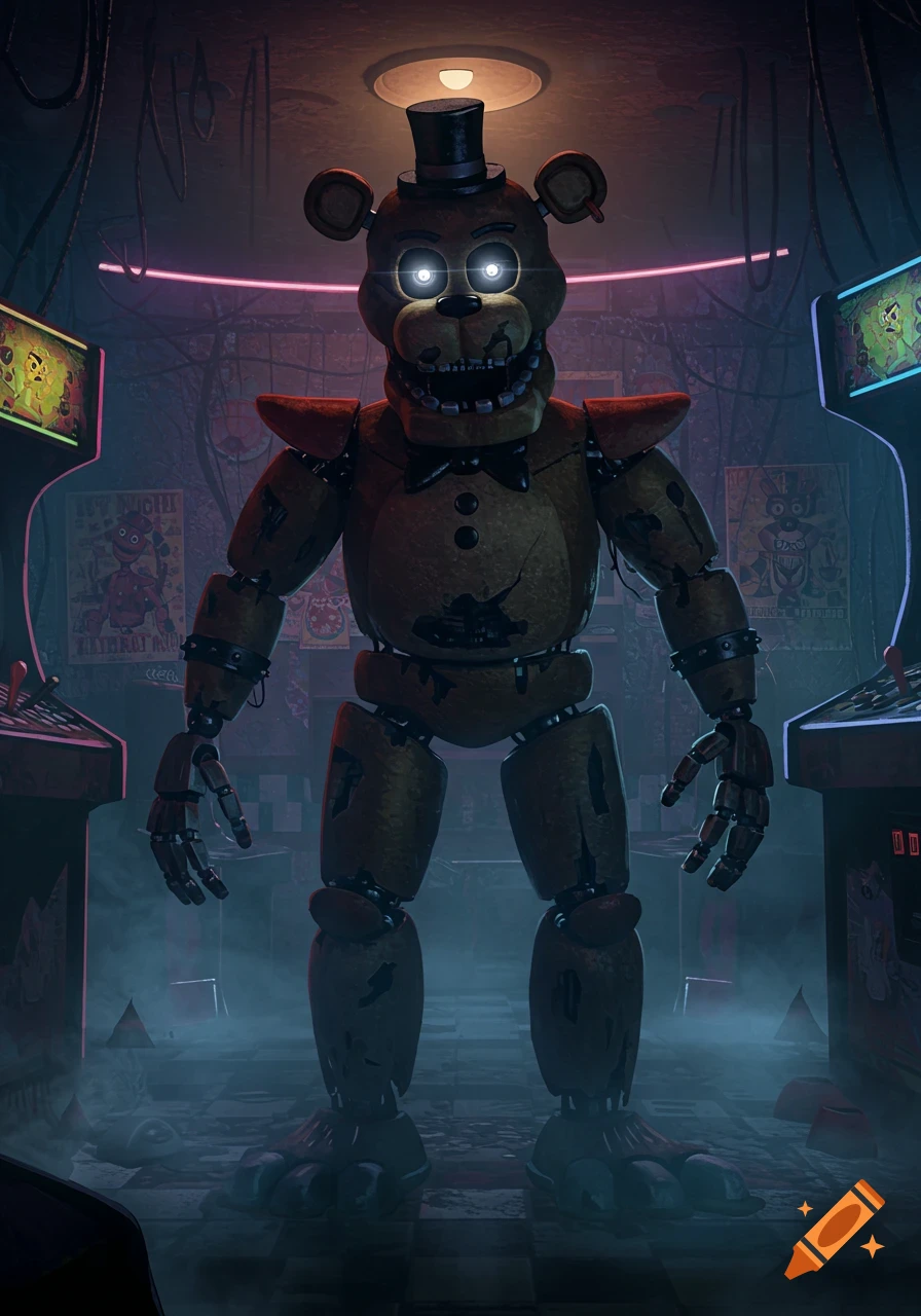An animatronic bear, Freddy Fazbear, with glowing eyes and a top hat, stands in a dark, eerie arcade room with pink neon lights.