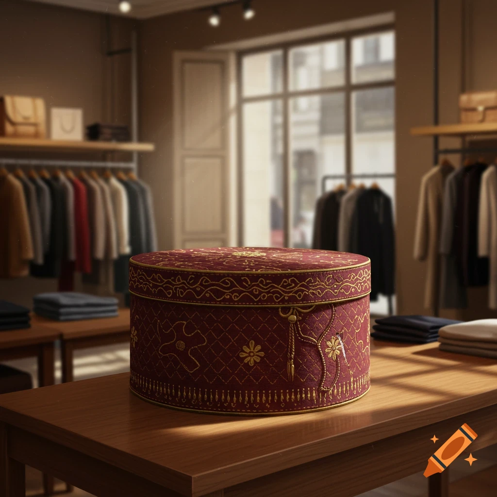 A burgundy round textile box with gold embroidery sits on a wooden table in a blurred clothing store.
