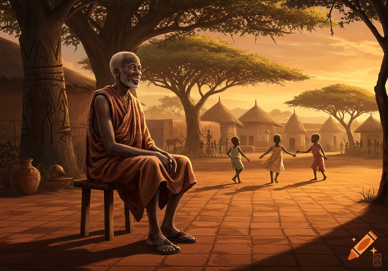 An elderly African man in traditional attire sits on a stool, smiling, while children play in a sunlit village under savanna trees.