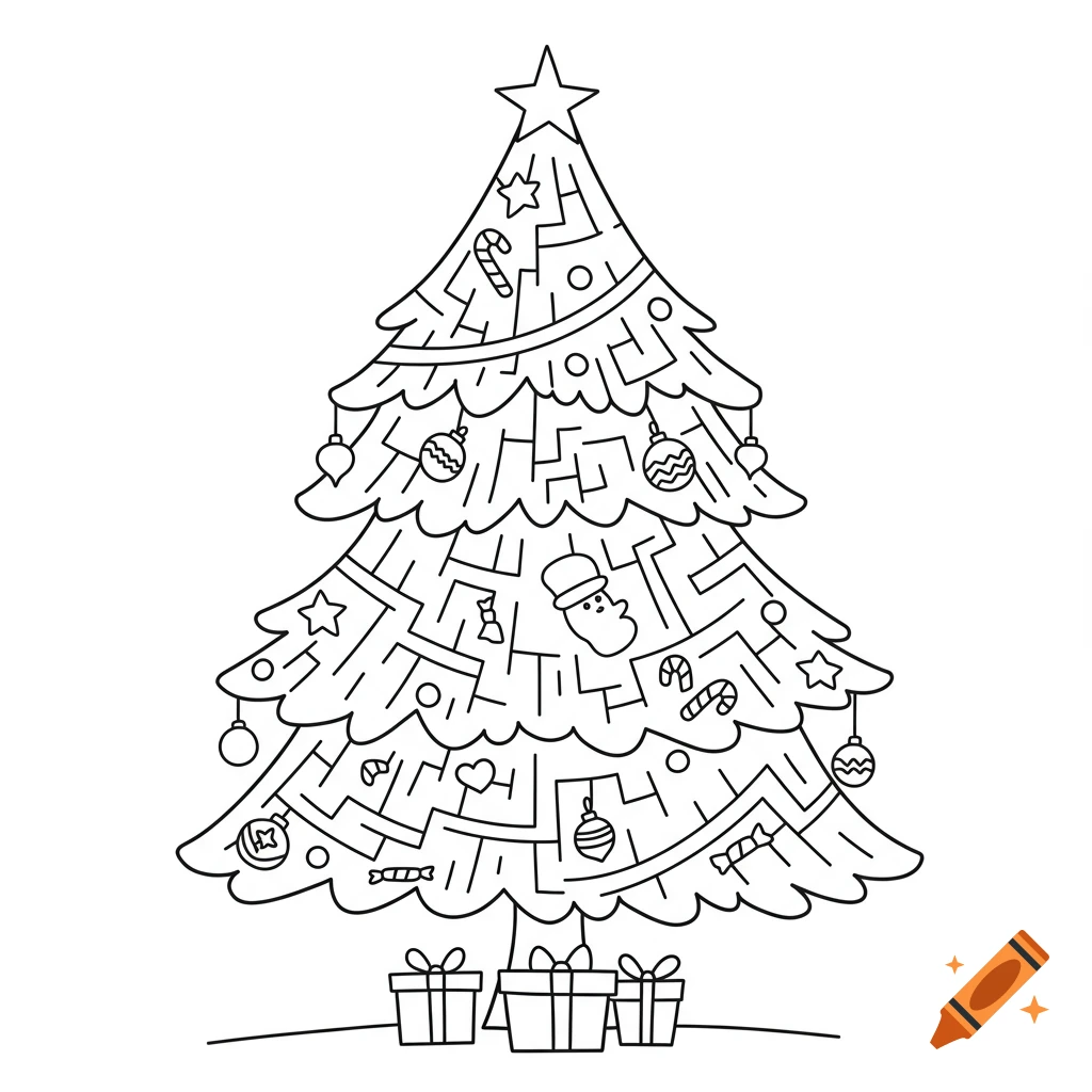 A black outline drawing of a Christmas tree with ornaments, a star, and gifts at its base, designed as a maze in a coloring page style.