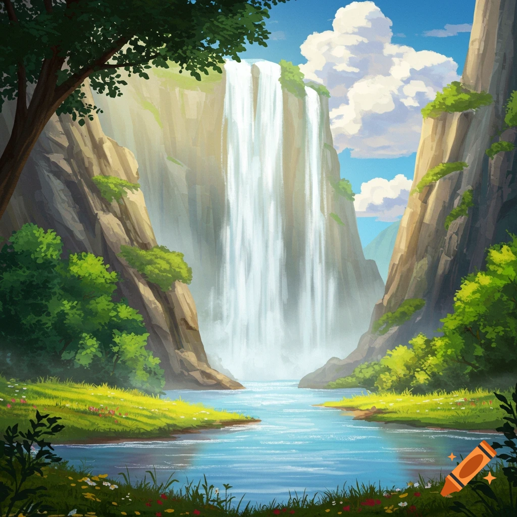 A vibrant, stylized landscape features a tall waterfall cascading between two steep cliffs into a winding river. Lush green grass and trees line the riverbanks under a bright blue sky with clouds.