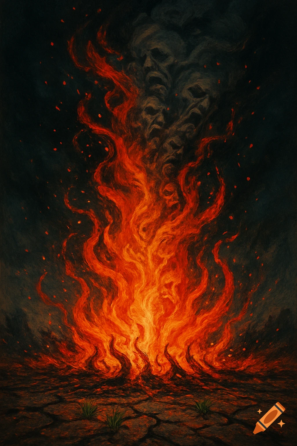 Vibrant, stylized fire with distorted, suffering faces emerging from dark smoke over cracked earth, painterly style.