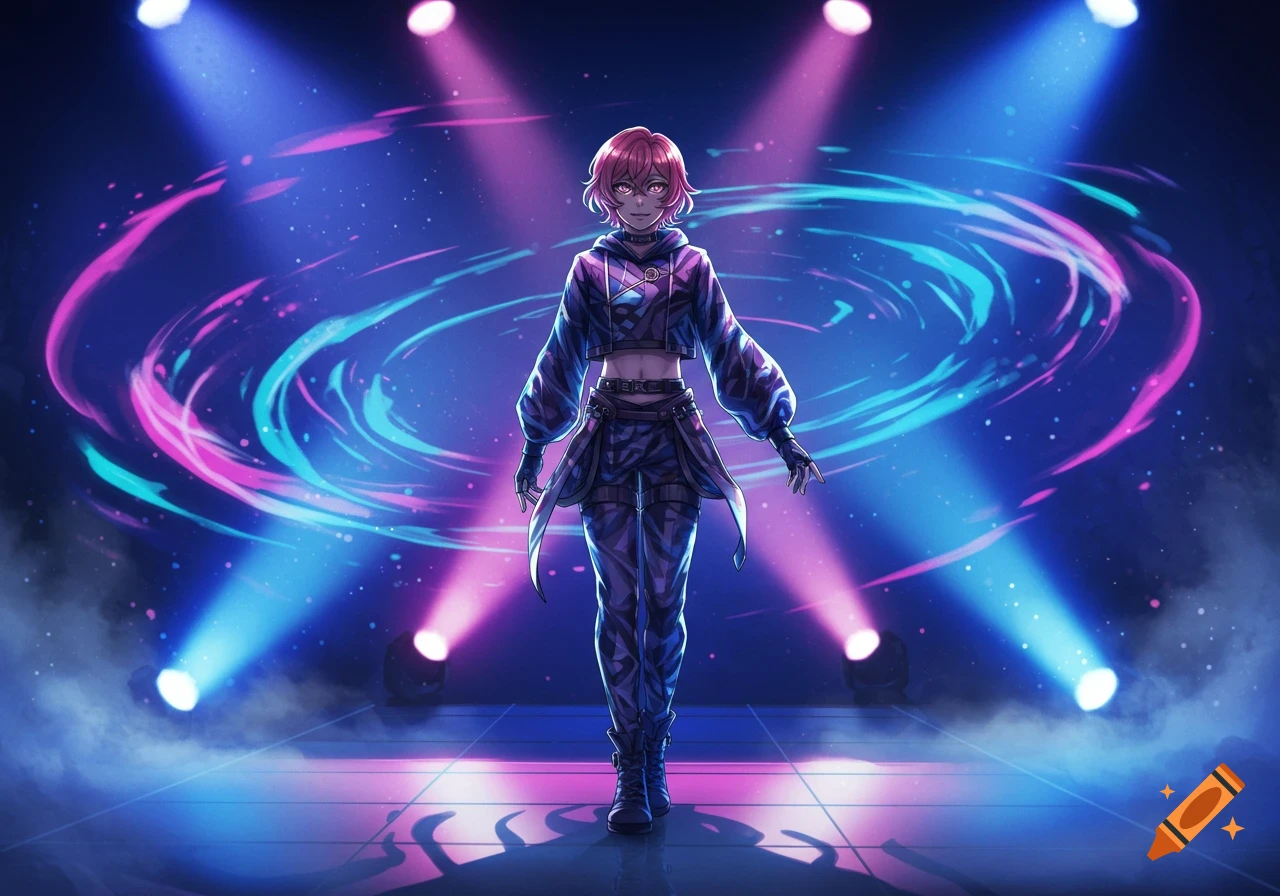 Anime character with pink hair on a vibrant stage under blue and pink spotlights with swirling neon effects.