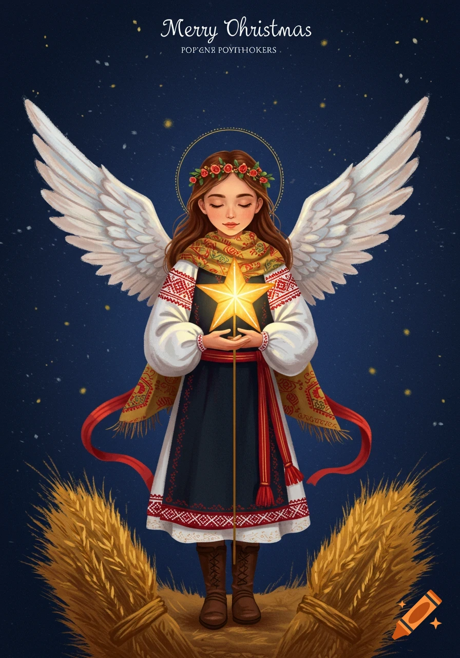 An illustration of an angel girl in Ukrainian folk attire and a flower crown, holding a glowing Christmas star against a starry blue sky, with wheat sheaves at the bottom.