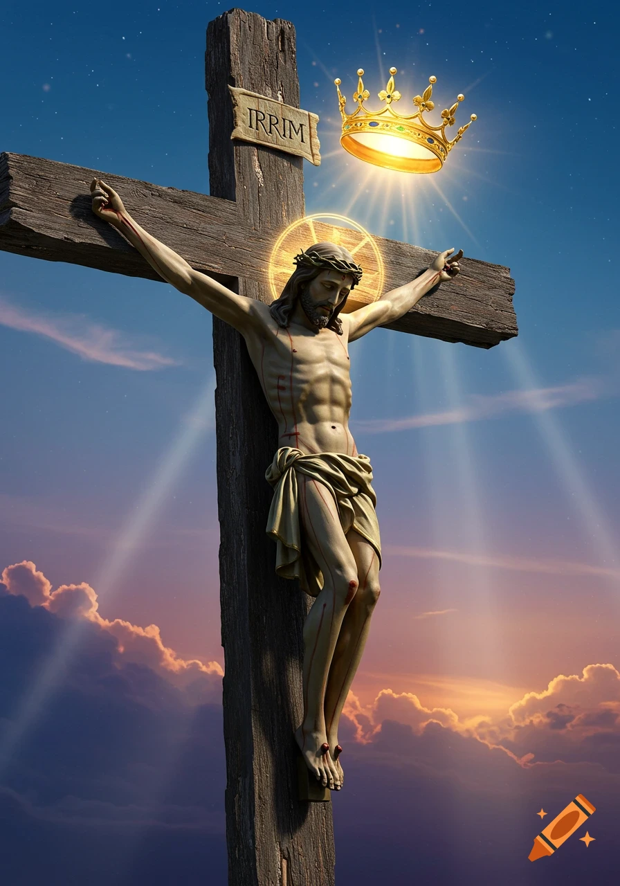 Jesus on a wooden cross with a golden crown floating above, halo, and sun rays in a dramatic sky.
