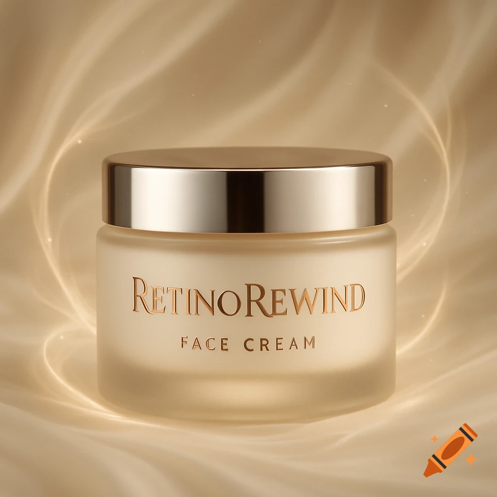 A frosted glass jar of 'RetinoRewind Face Cream' with a metallic gold lid, set against a shimmering golden background with subtle light trails.