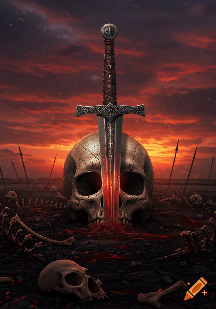 A medieval sword is plunged into a large skull surrounded by bones on a desolate battlefield under a fiery red sunset, in a dark fantasy style.
