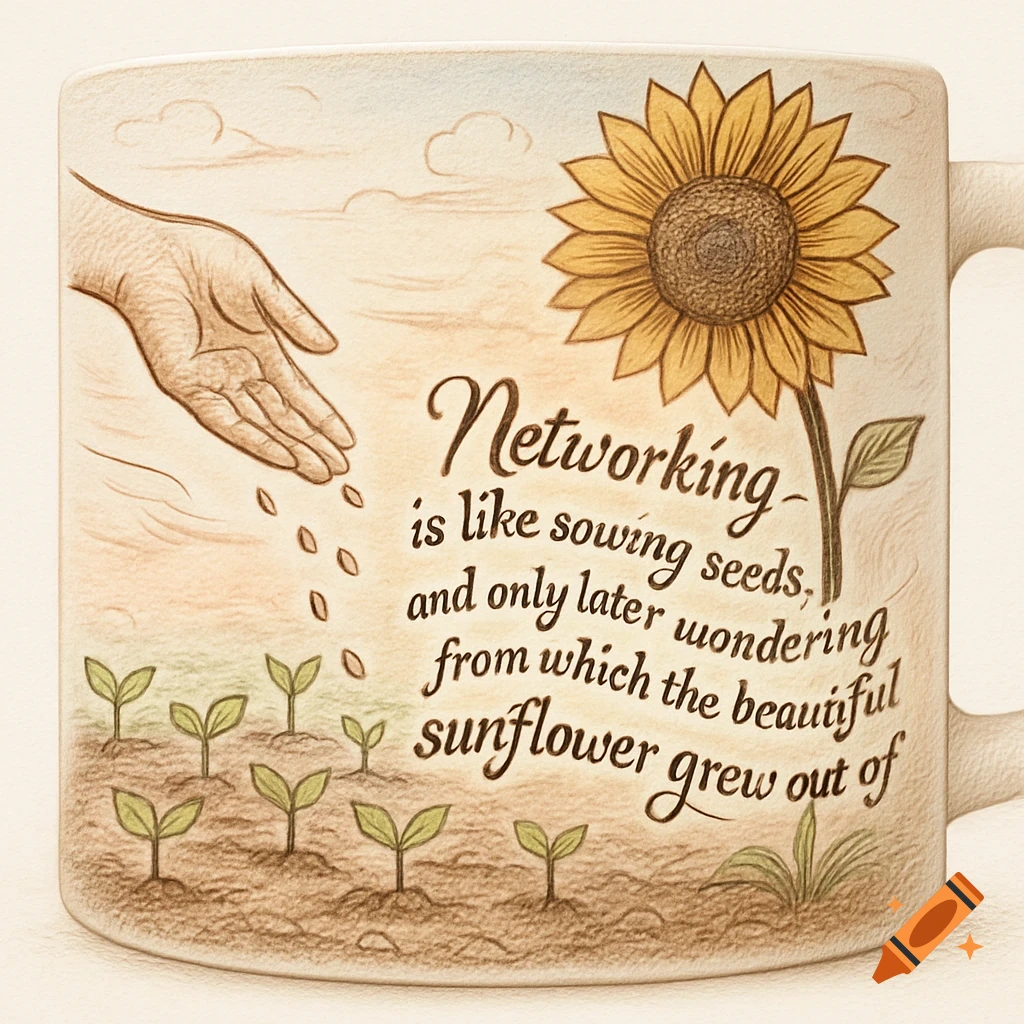 A hand-drawn illustration on a mug shows a hand sowing seeds into soil with sprouts. A large sunflower stands next to the text, 'Networking - is like sowing seeds, and only later wondering from which the beautiful sunflower grew out of.'