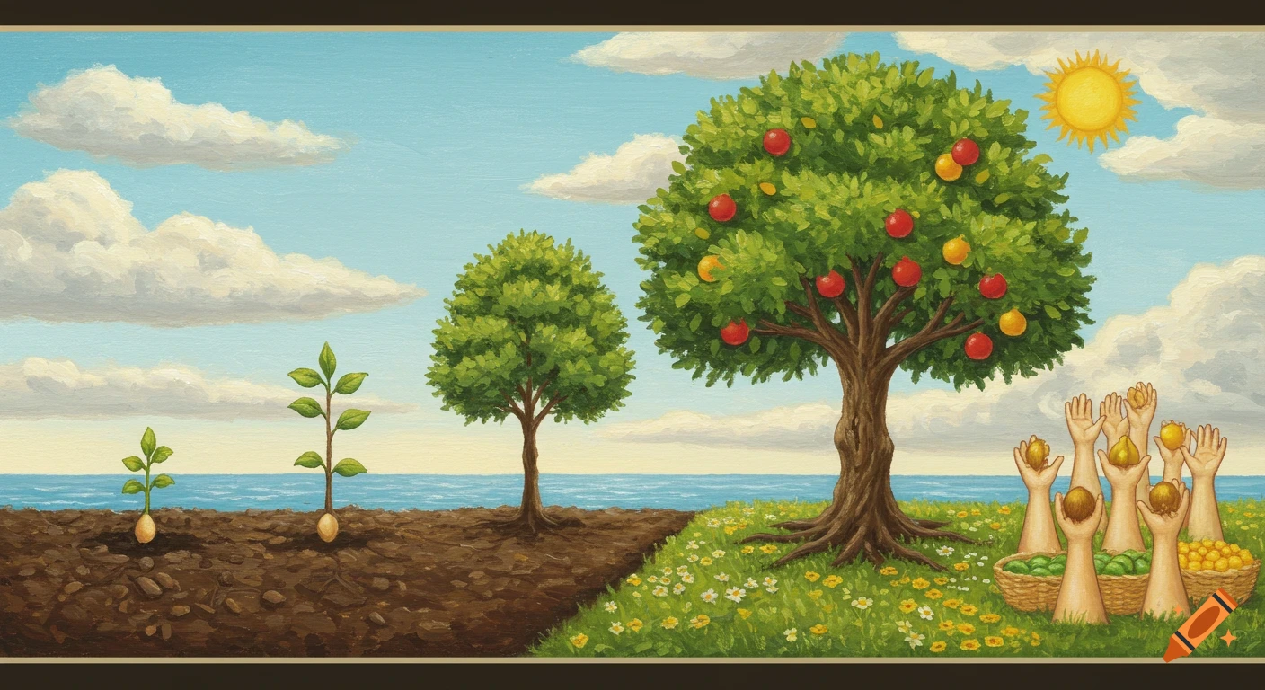 Painted illustration of a tree's growth cycle, from seed in soil by the sea to a fruit-bearing tree harvested by hands, under a sunny sky.