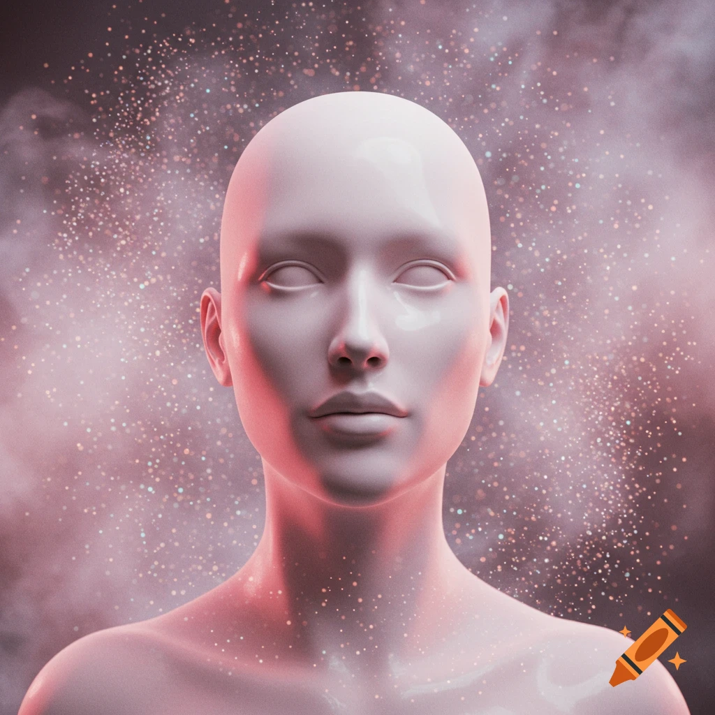 A sleek, featureless, bald human bust glows pink, surrounded by shimmering particles against a dark, misty background in a digital art style.