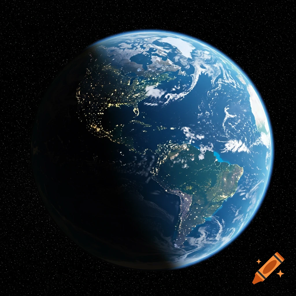 Photorealistic view of Earth from space, showing North and South America, half illuminated by day and half by city lights at night.