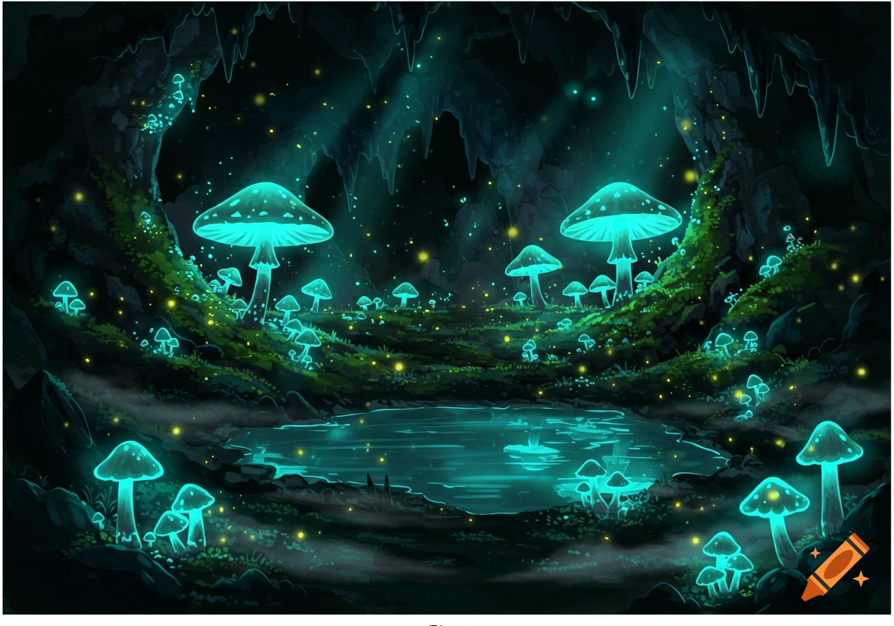 An anime-style illustration of a dark cave filled with glowing teal mushrooms and sparkling yellow fireflies, with a small pond in the foreground.