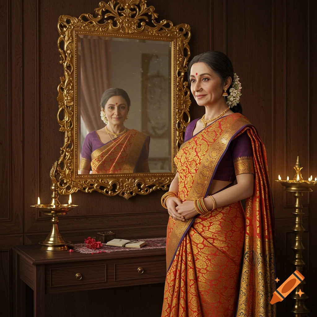 Photorealistic portrait of a middle-aged Indian woman in a vibrant red and gold saree, standing before an ornate mirror.