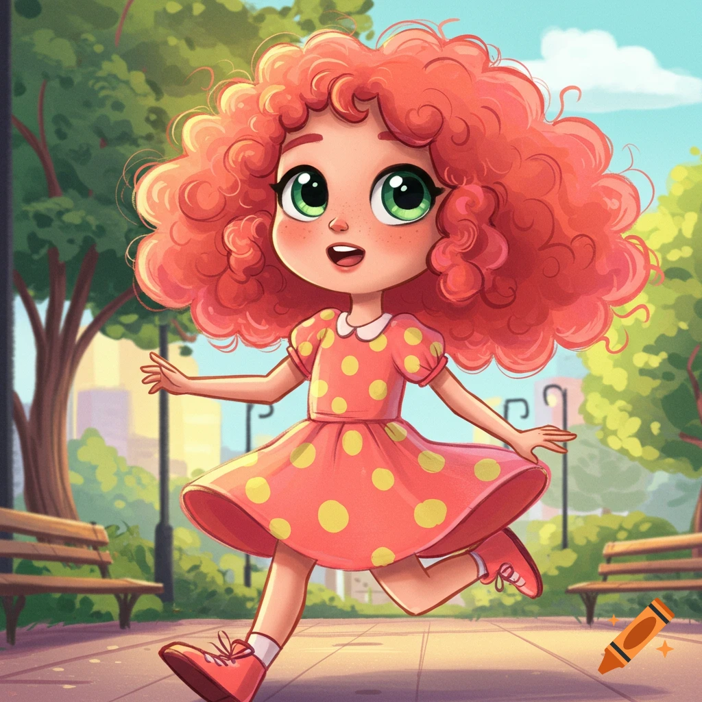 A cheerful cartoon girl with bright green eyes and voluminous red curly ...