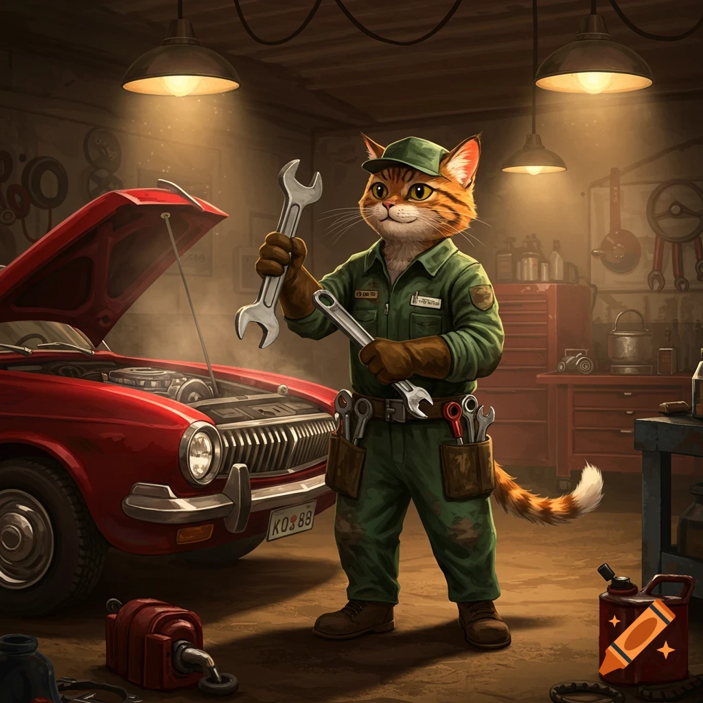 An anthropomorphic tabby cat wearing a mechanic's uniform and cap stands in a garage, holding two wrenches. A red car with its hood up is behind it.