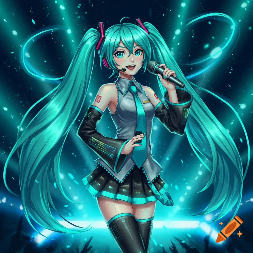 A vibrant anime character, Hatsune Miku, with long turquoise pigtails, sings into a microphone on a dark stage with glowing blue lights.