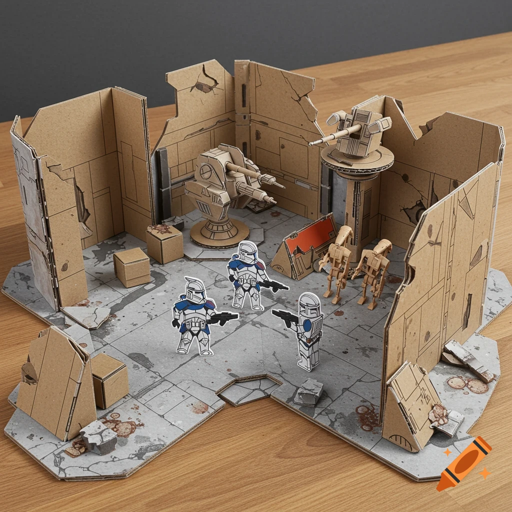 A cardboard diorama depicts a Star Wars battle with Clone Troopers and Battle Droids amidst ruined walls, a turret, and crates.