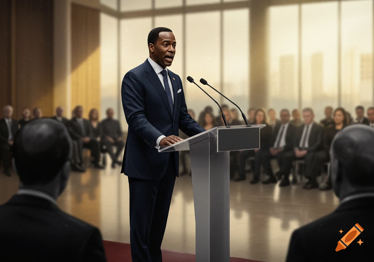 A man in a dark suit speaks at a podium to a blurred audience in a bright, modern conference room with large windows.