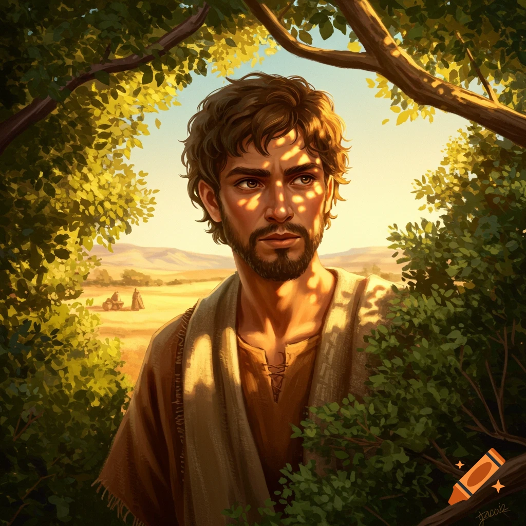 A young man with dark, curly hair and a beard looks out from behind green bushes, with dappled sunlight on his face, against a golden field and distant mountains.